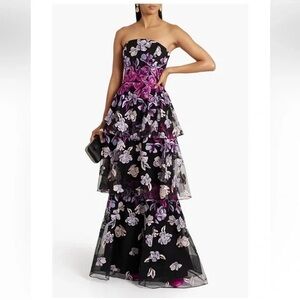 Marchesa Black and Purple Strapless Floral Gown